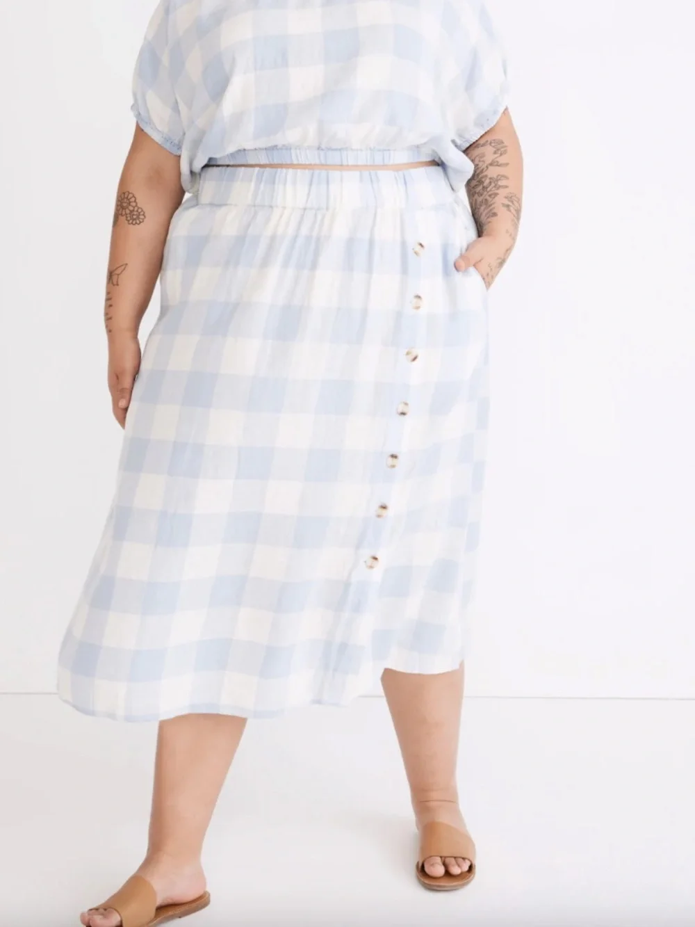 Linen-Blend Side-Button Midi Skirt | Gingham Check - Picture 1 of 4